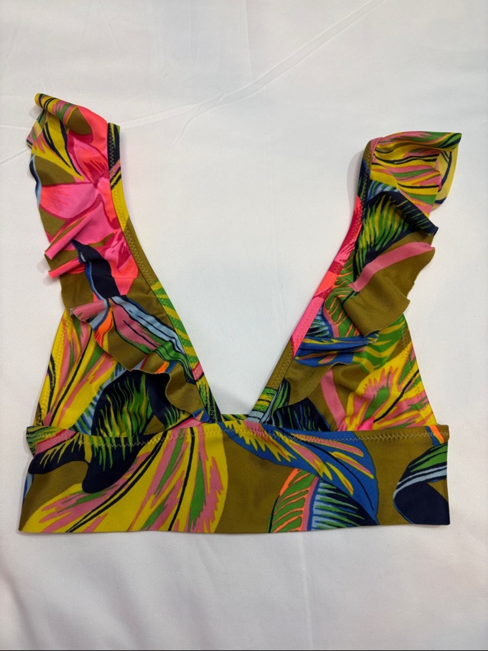 Aerie Ruffle Strap Tropical Neon Print Chartreuse Triangle Bikini Top Thick Band